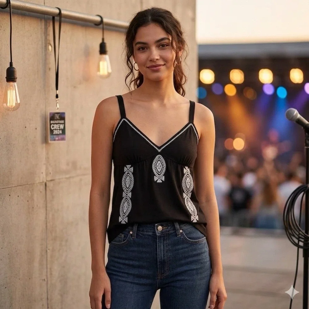 INC International Concepts Tank Top Womens Sz Large Black Embroidered Festival